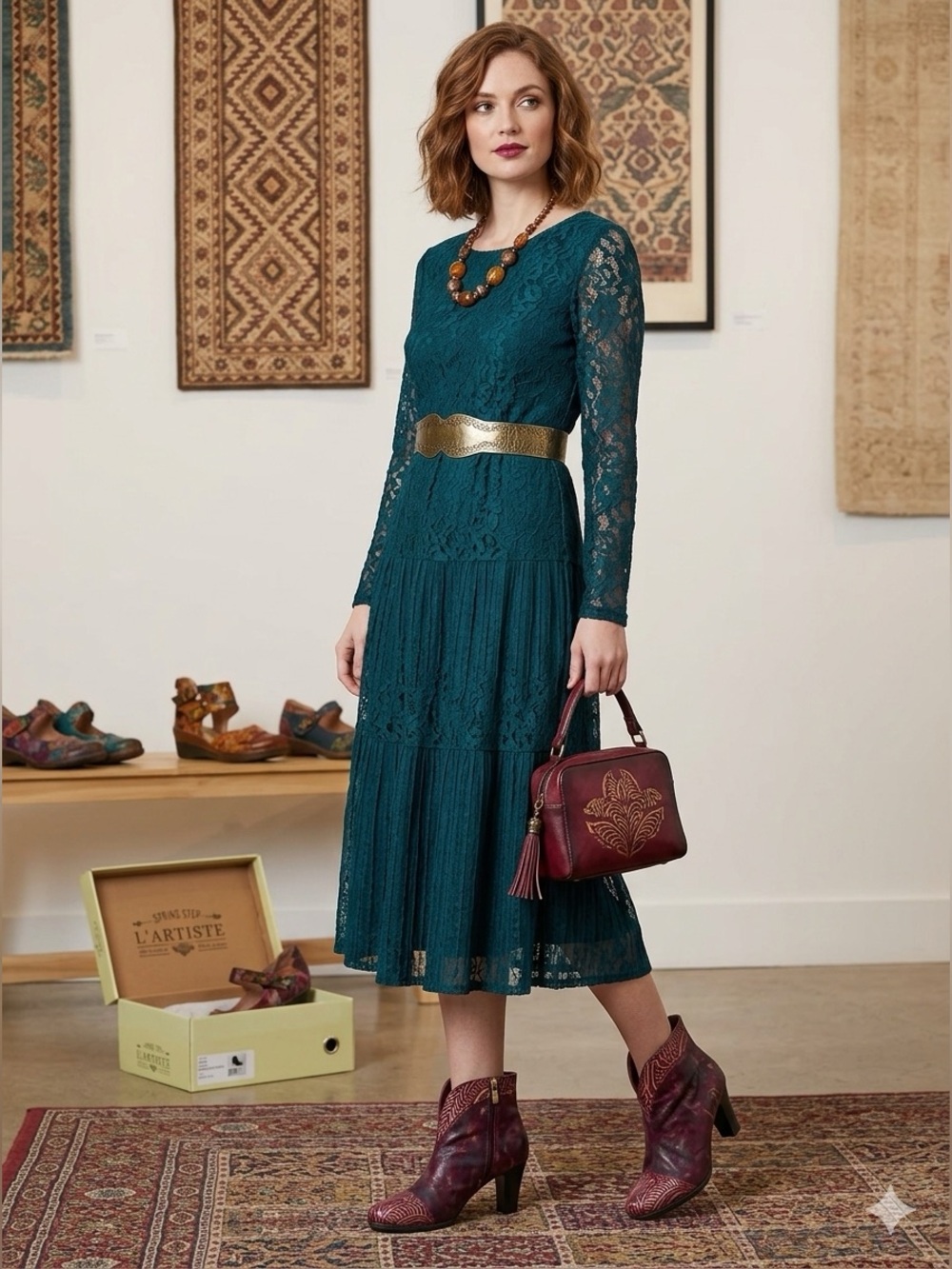 L'Artiste Lidia Bordeaux Embroidered Heeled Ankle Boots